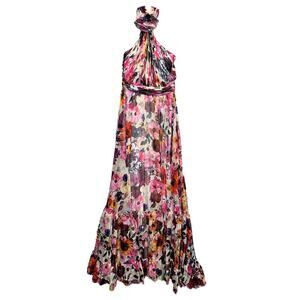 Mac Duggal – Asymmetrical Ruffled Halter Floral Gown – White Multi – Size 6